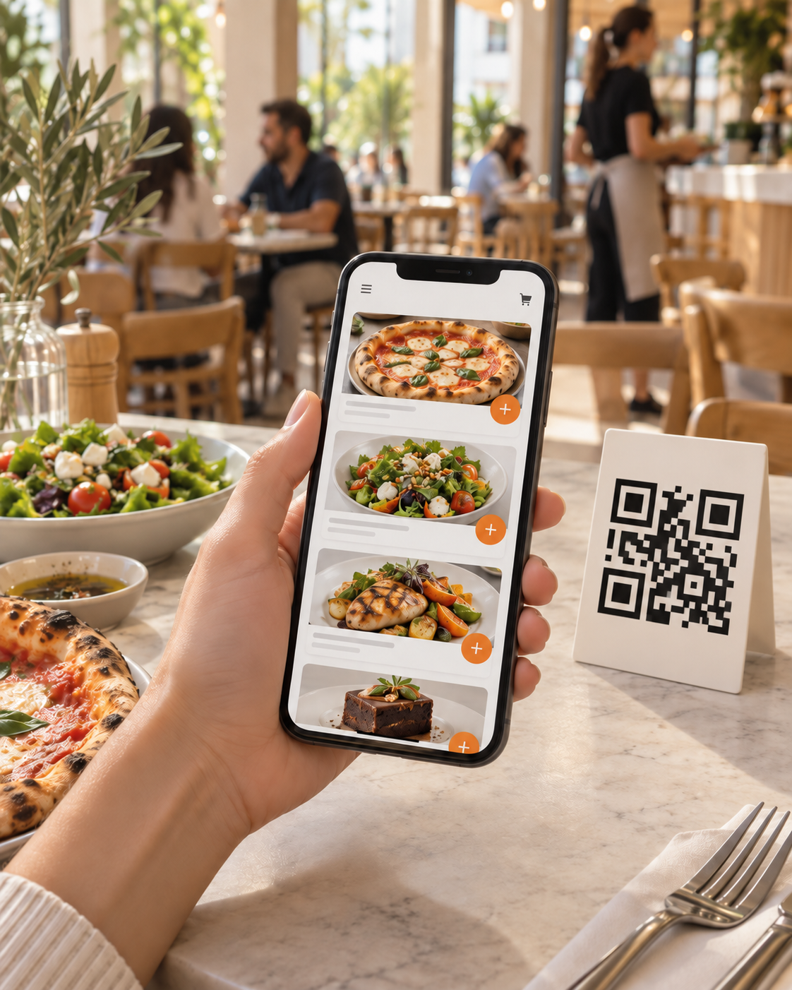 אורח בוחר מנות בטלפון ליד כרטיס עם קוד QR בולט